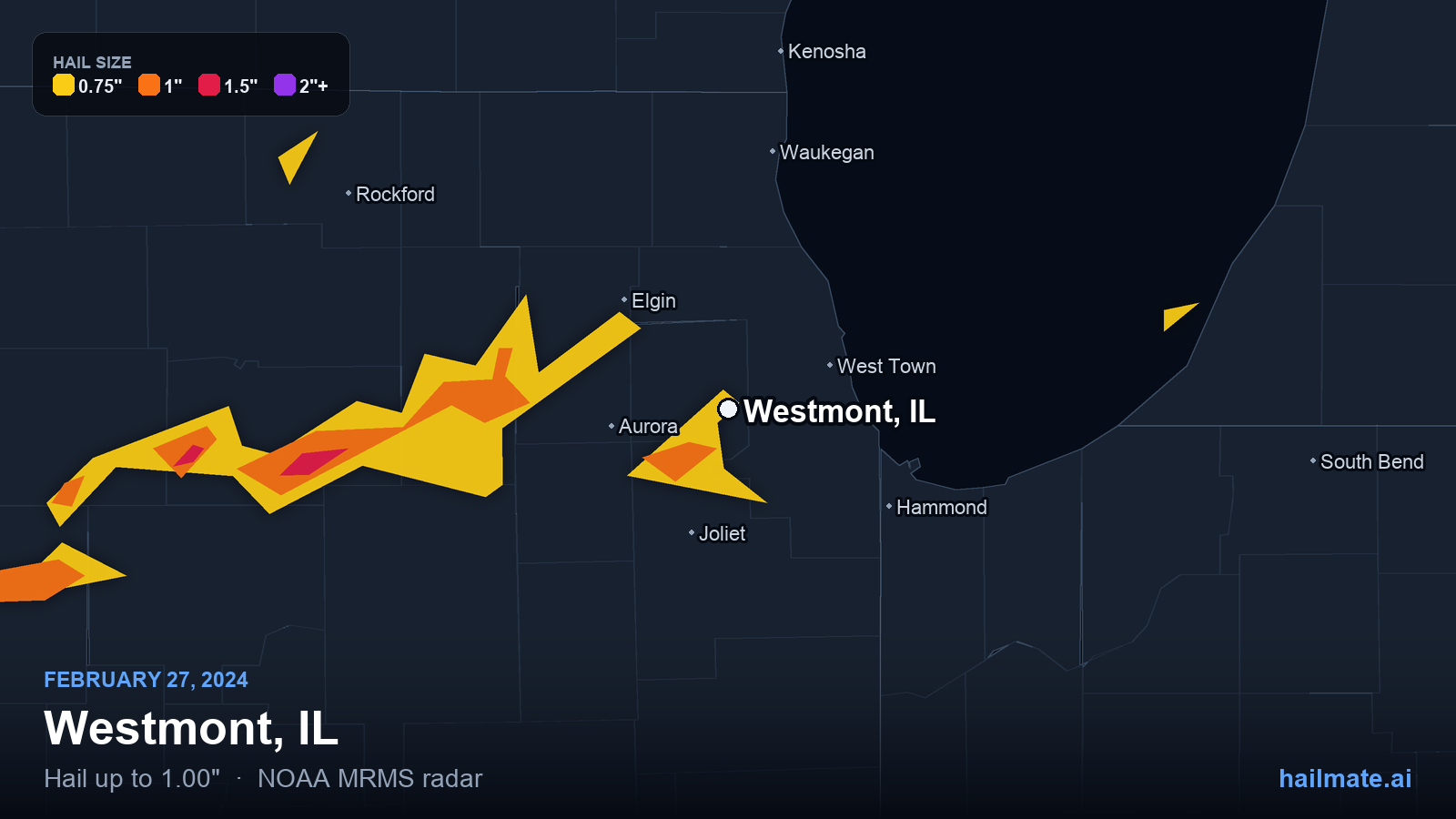Hail swath map for Westmont, IL on February 27, 2024 showing 1.00 inch hail.