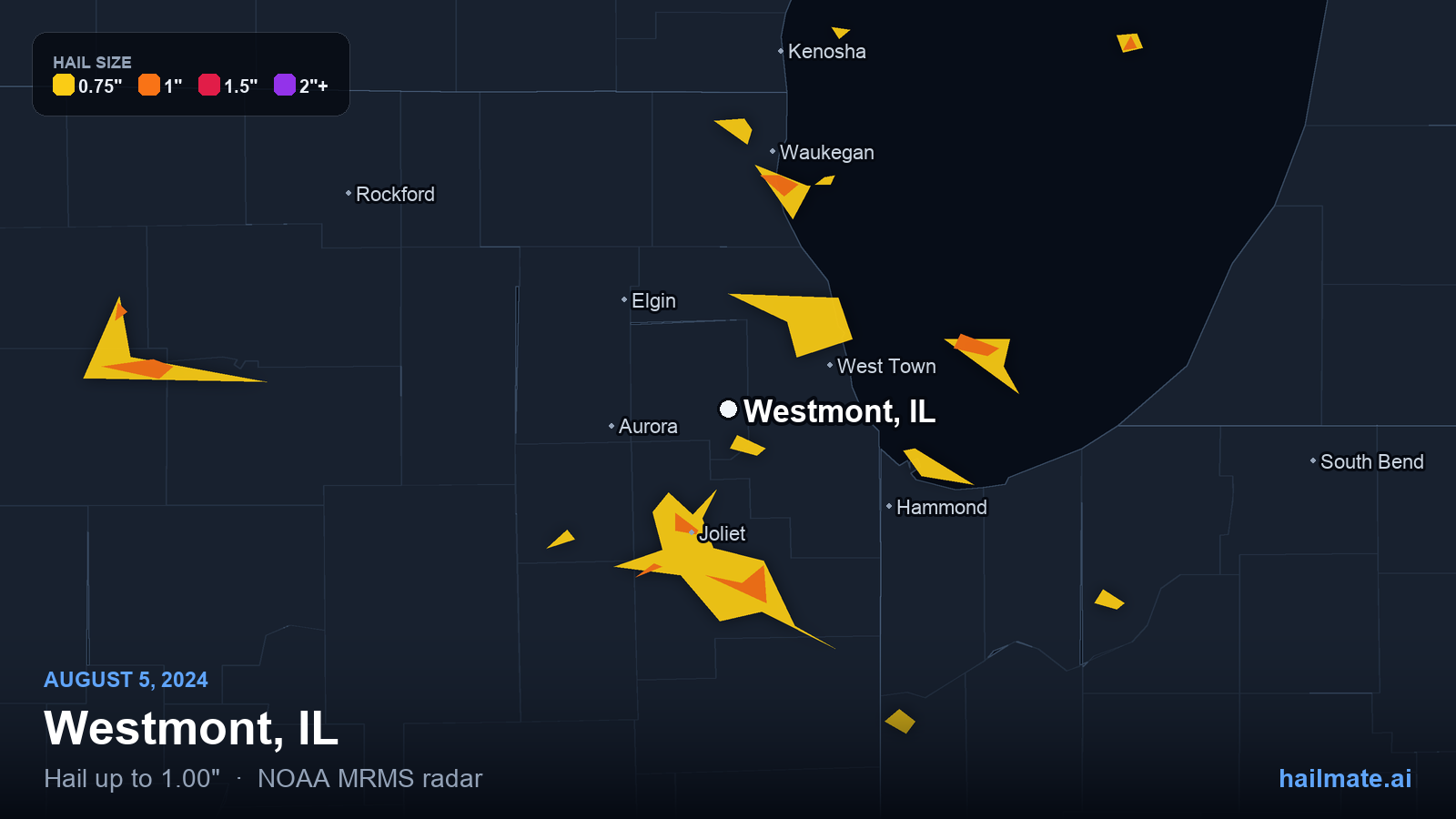 Hail swath map for Westmont, IL on August 5, 2024 showing 1.00 inch hail.