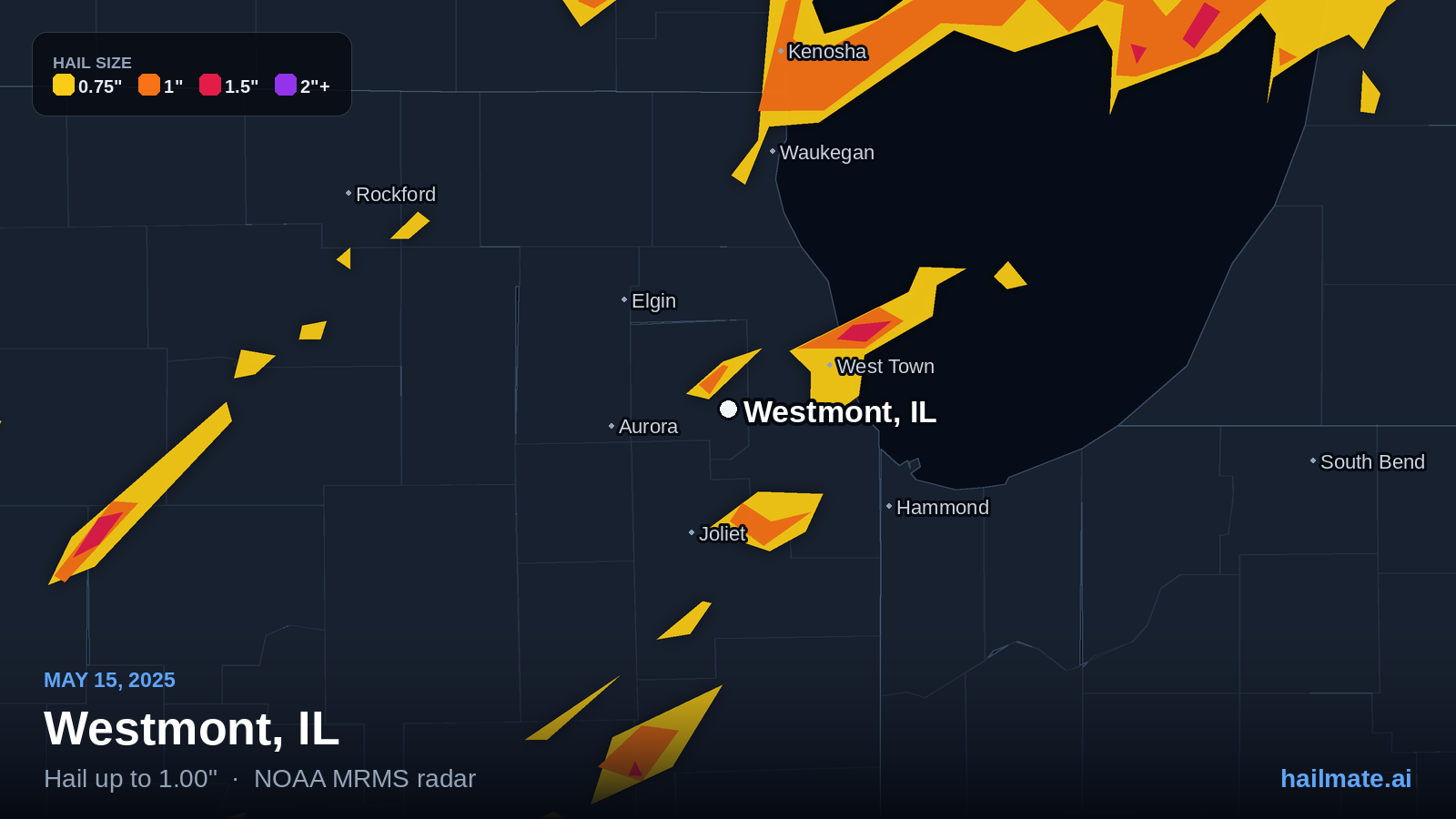 Hail swath map for Westmont, IL on May 15, 2025 showing 1.00 inch hail.