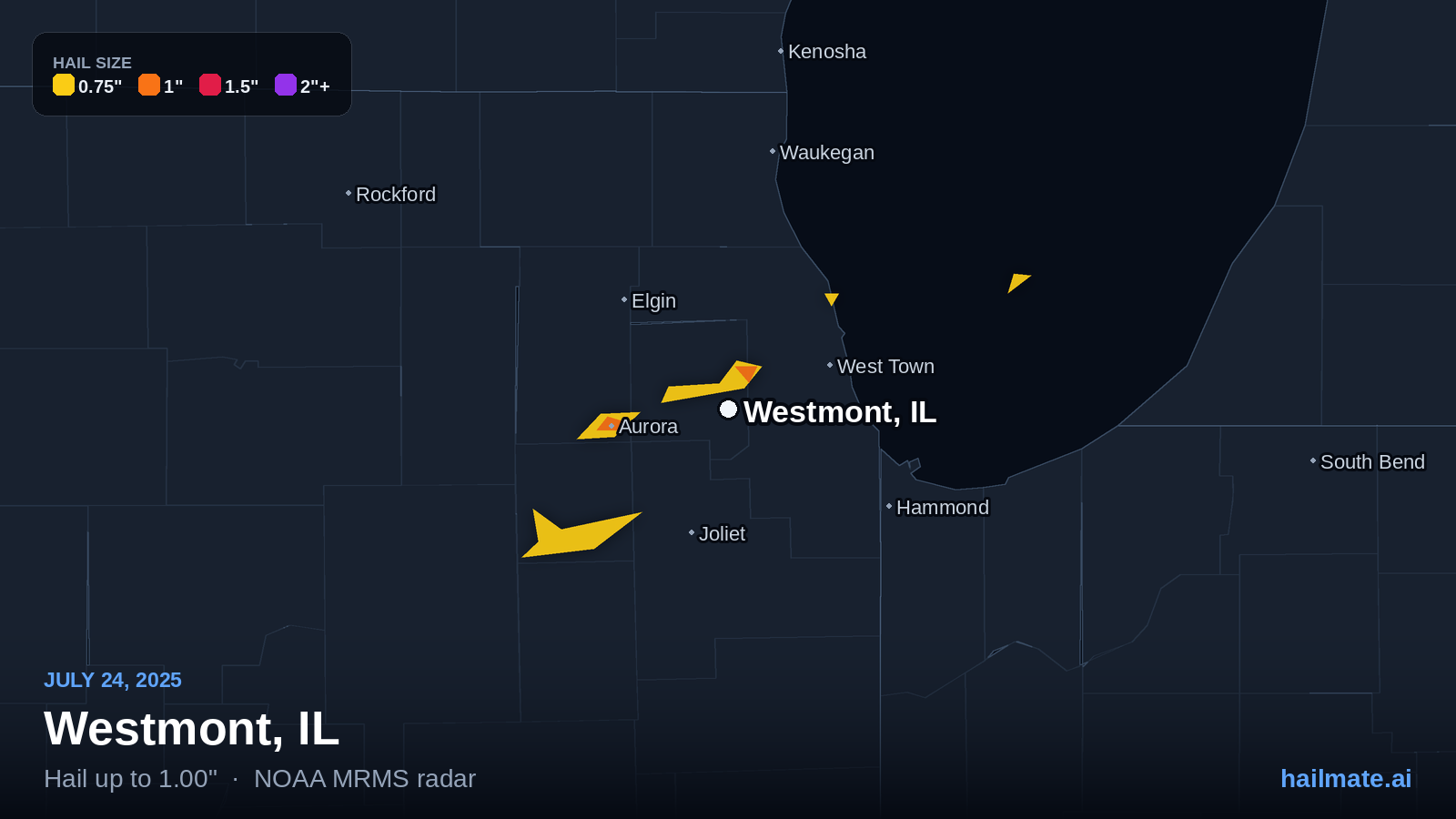 Hail swath map for Westmont, IL on July 24, 2025 showing 1.00 inch hail.