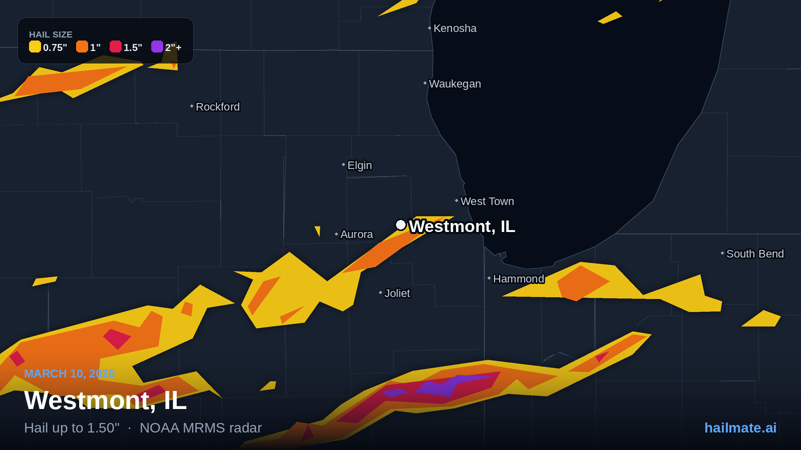 Hail swath map for Westmont, IL on March 10, 2026 showing 1.50 inch hail.