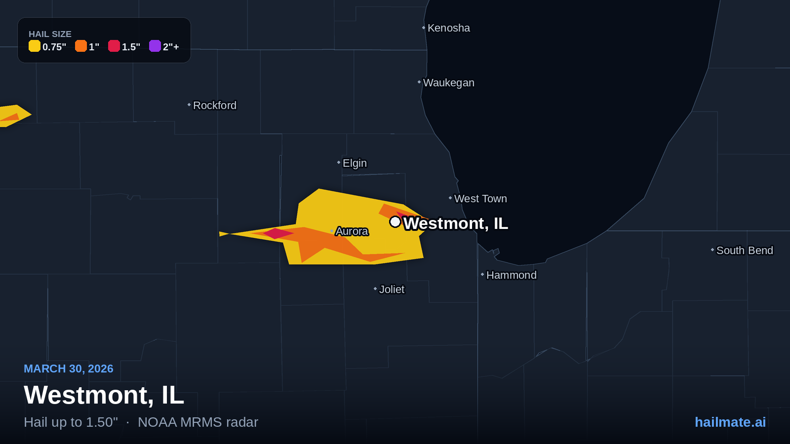 Hail swath map for Westmont, IL on March 30, 2026 showing 1.50 inch hail.
