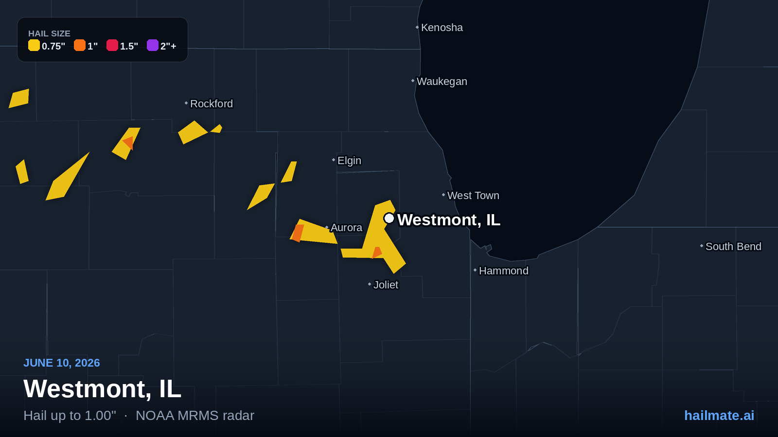 Hail swath map for Westmont, IL on June 10, 2026 showing 1.00 inch hail.