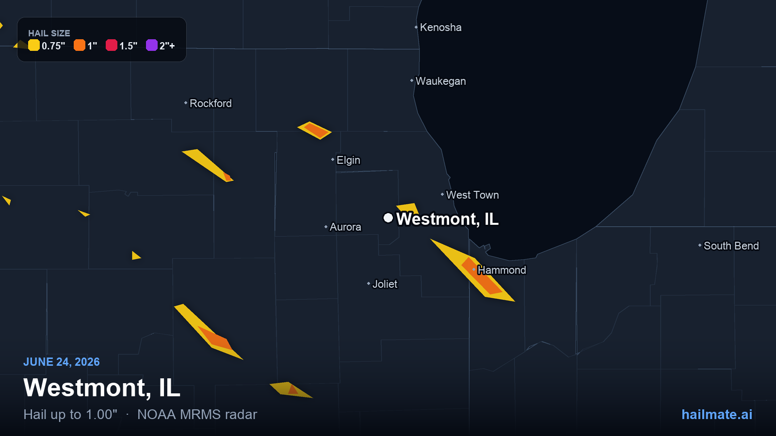 Hail swath map for Westmont, IL on June 24, 2026 showing 1.00 inch hail.