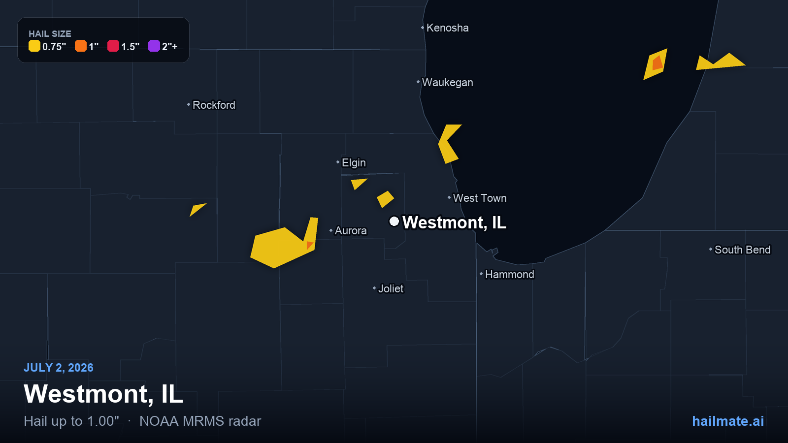 Hail swath map for Westmont, IL on July 2, 2026 showing 1.00 inch hail.