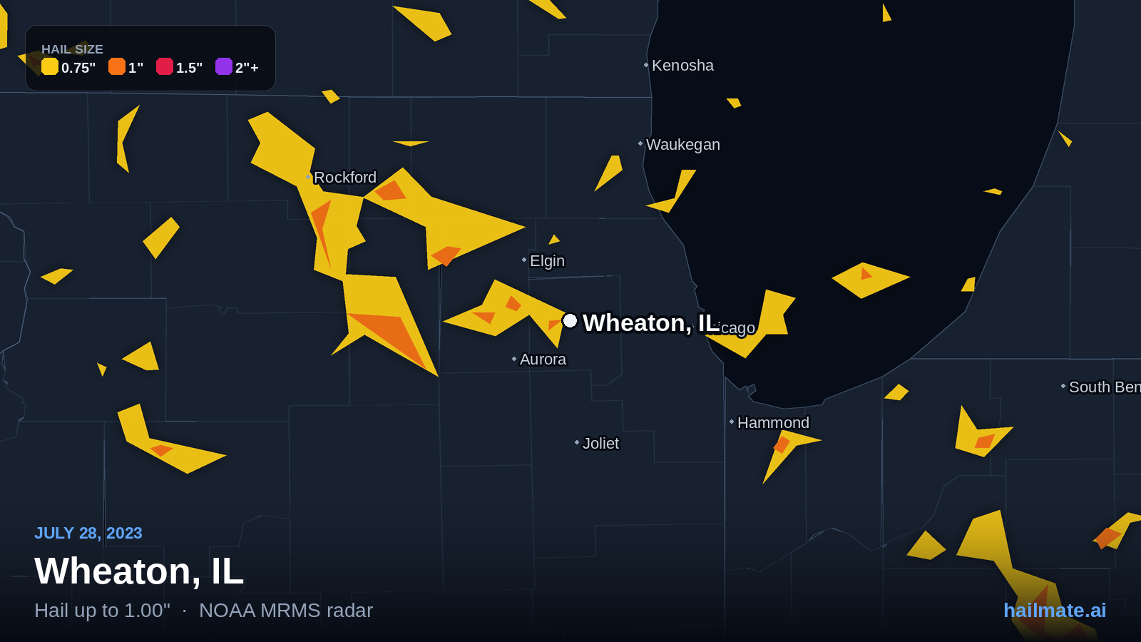 Hail swath map for Wheaton, IL on July 28, 2023 showing 1.00 inch hail.
