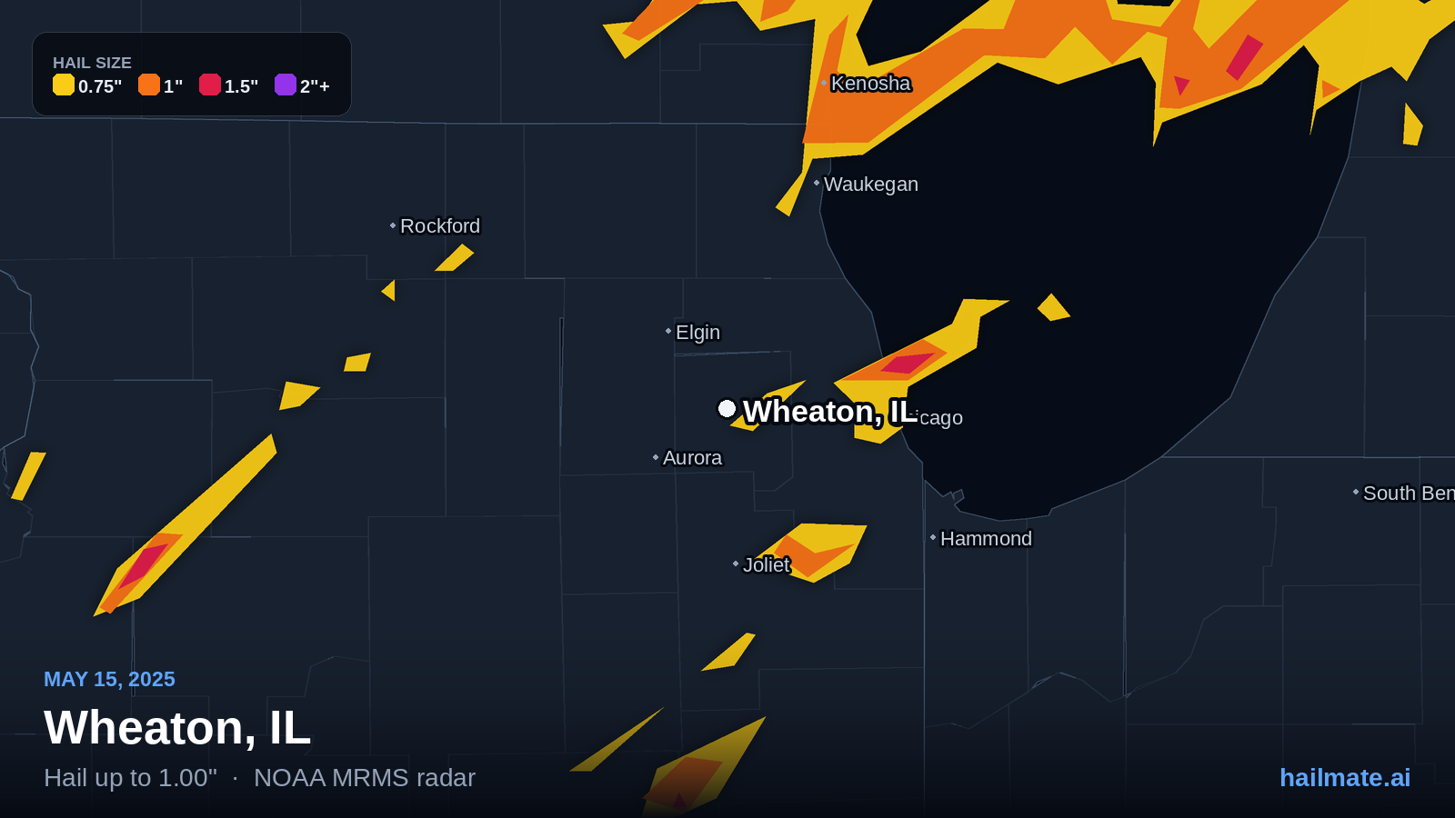 Hail swath map for Wheaton, IL on May 15, 2025 showing 1.00 inch hail.