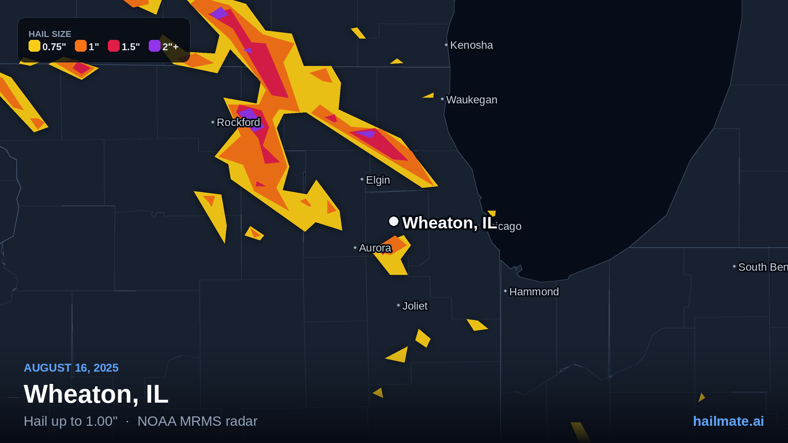 Hail swath map for Wheaton, IL on August 16, 2025 showing 1.00 inch hail.