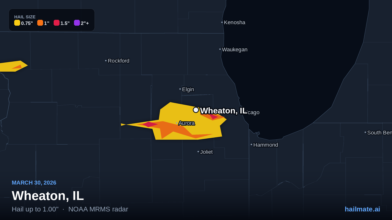 Hail swath map for Wheaton, IL on March 30, 2026 showing 1.00 inch hail.