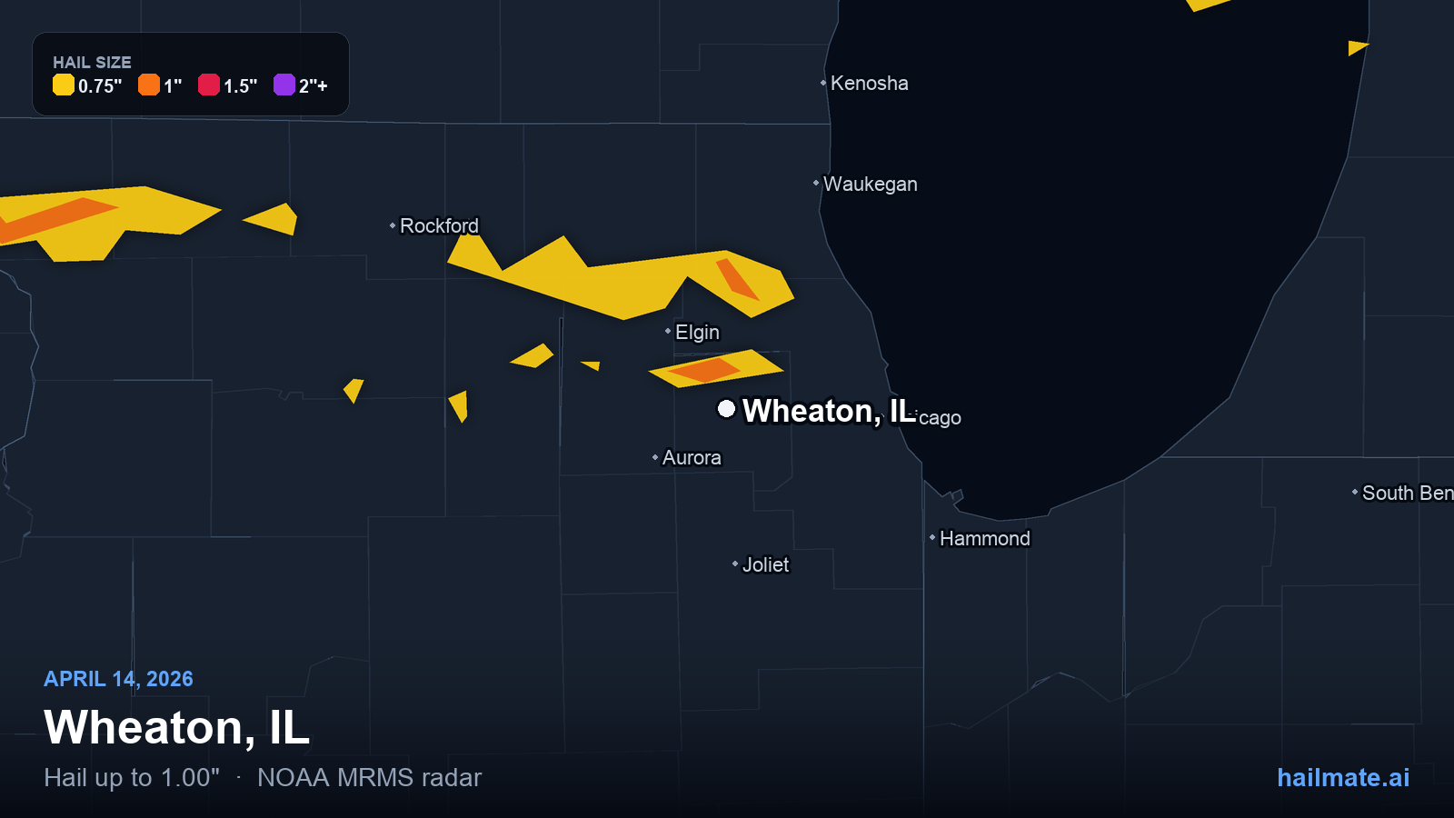 Hail swath map for Wheaton, IL on April 14, 2026 showing 1.00 inch hail.