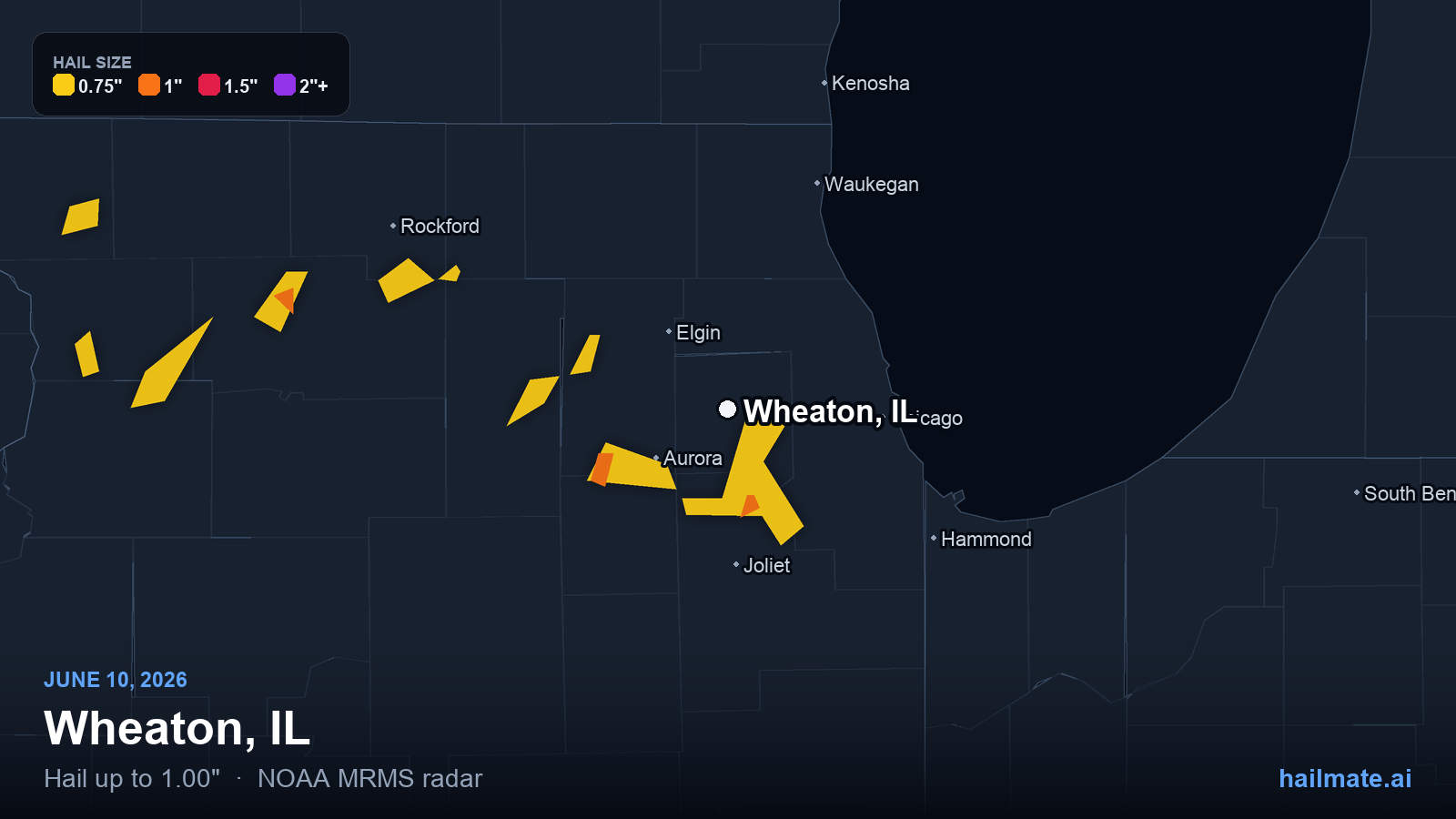 Hail swath map for Wheaton, IL on June 10, 2026 showing 1.00 inch hail.