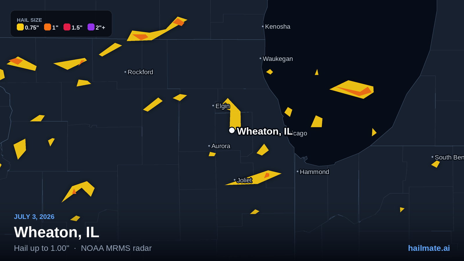 Hail swath map for Wheaton, IL on July 3, 2026 showing 1.00 inch hail.