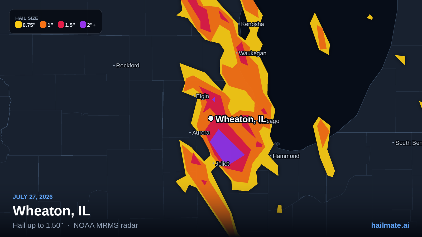 Hail swath map for Wheaton, IL on July 27, 2026 showing 1.50 inch hail.