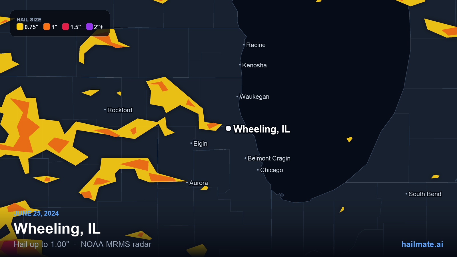 Hail swath map for Wheeling, IL on June 25, 2024 showing 1.00 inch hail.