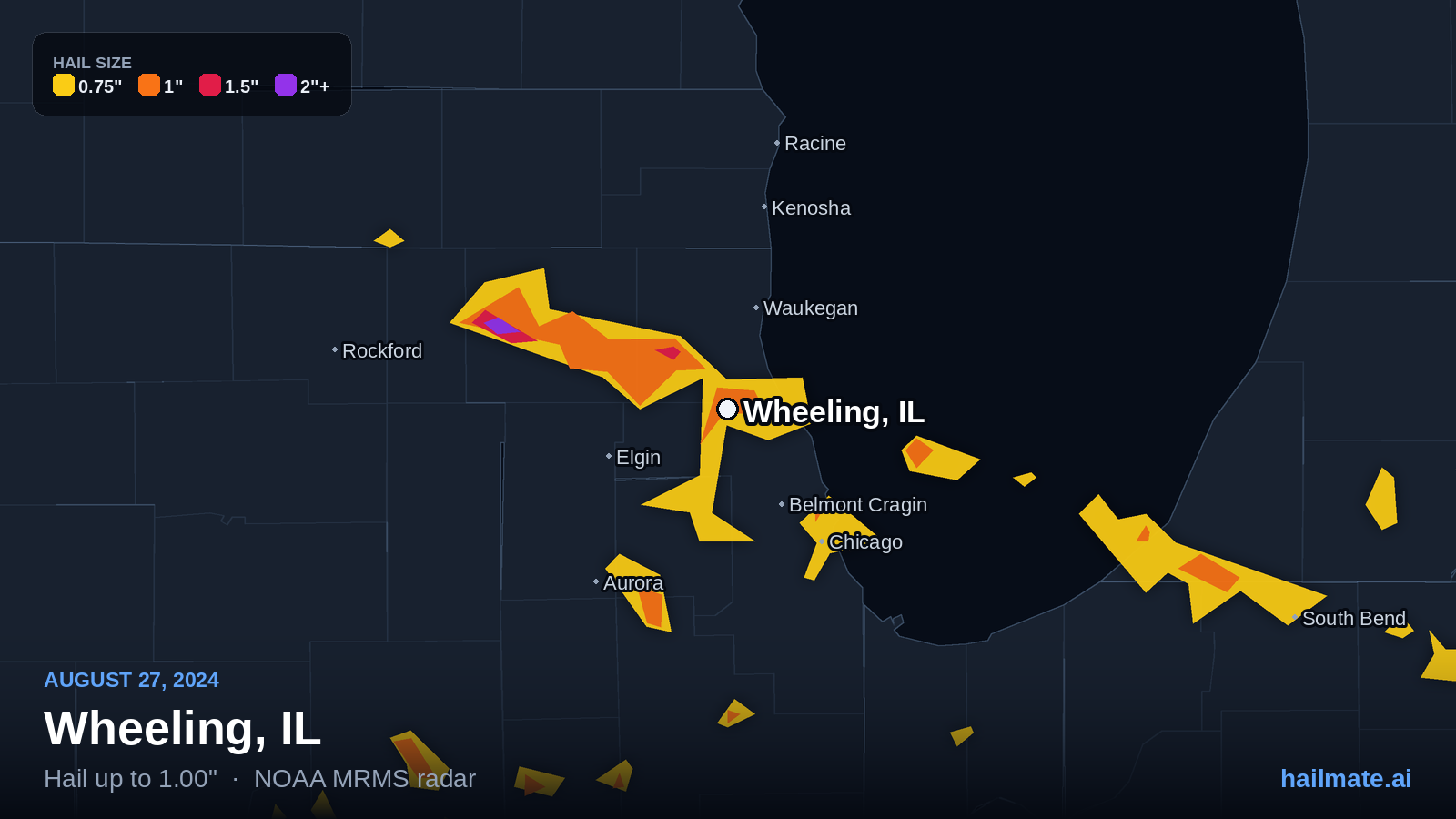 Hail swath map for Wheeling, IL on August 27, 2024 showing 1.00 inch hail.