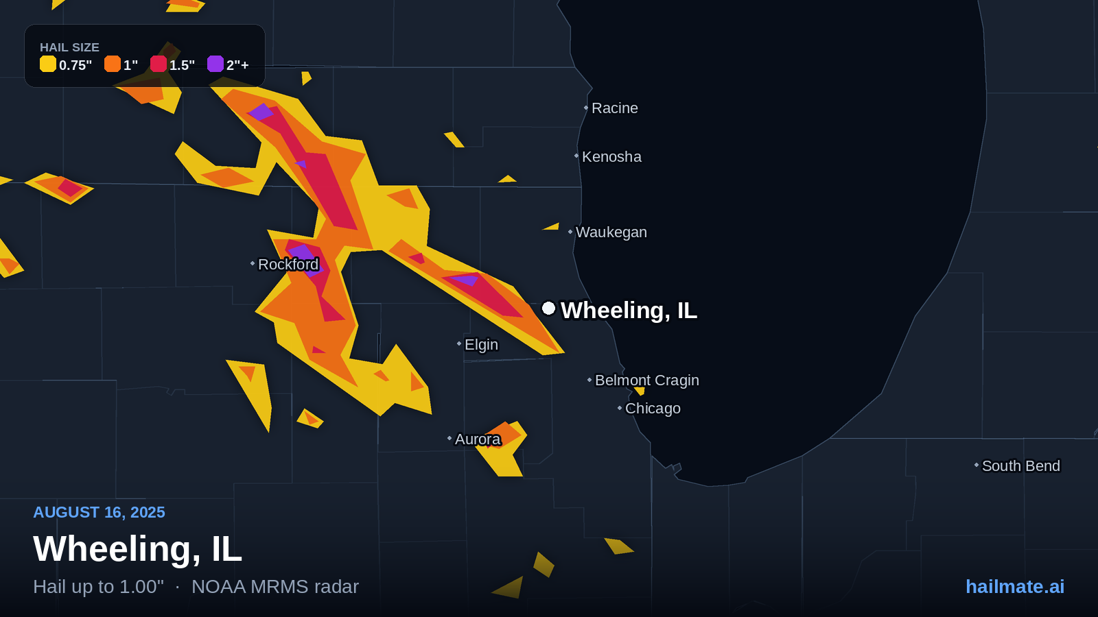 Hail swath map for Wheeling, IL on August 16, 2025 showing 1.00 inch hail.