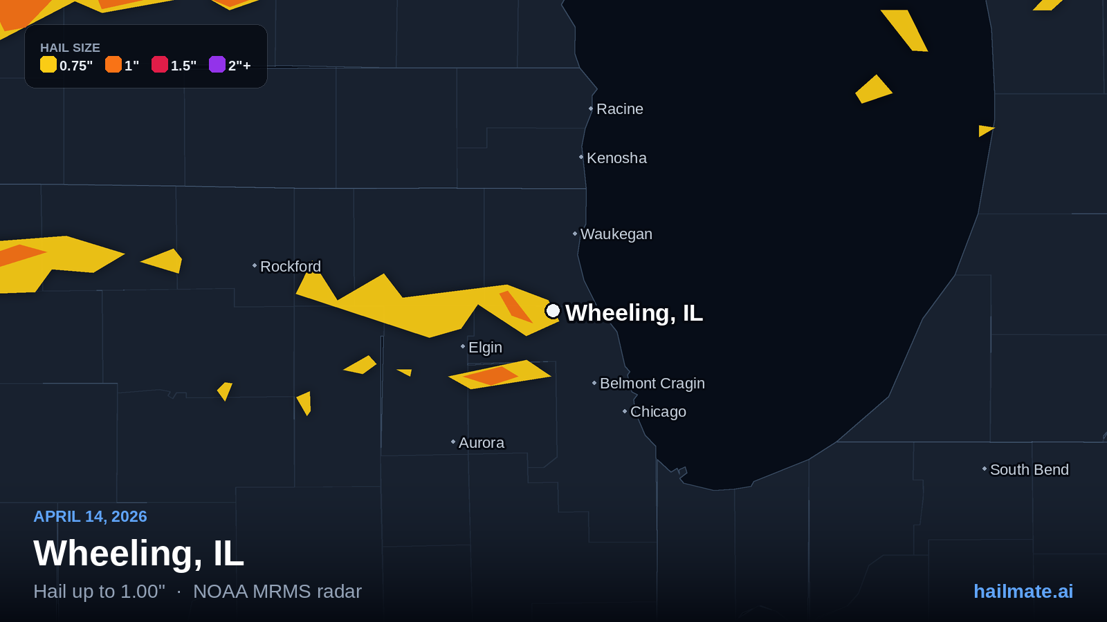 Hail swath map for Wheeling, IL on April 14, 2026 showing 1.00 inch hail.
