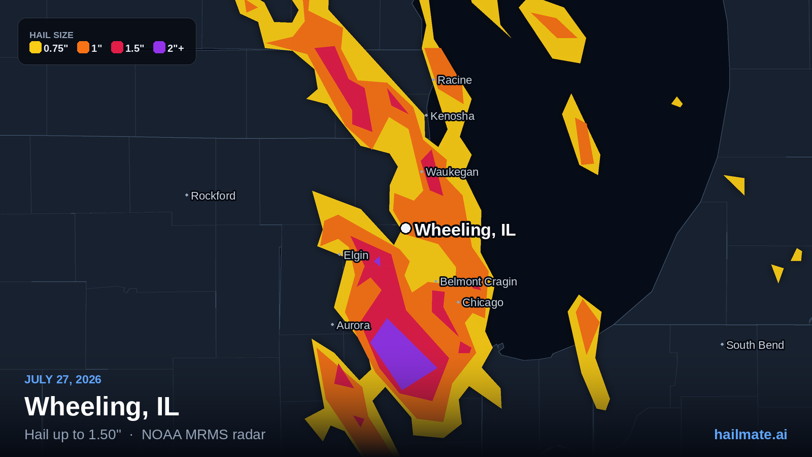 Hail swath map for Wheeling, IL on July 27, 2026 showing 1.50 inch hail.