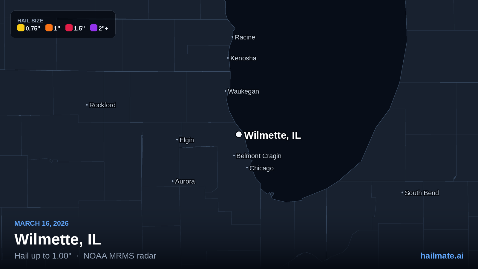 Hail swath map for Wilmette, IL on March 16, 2026 showing 1.00 inch hail.