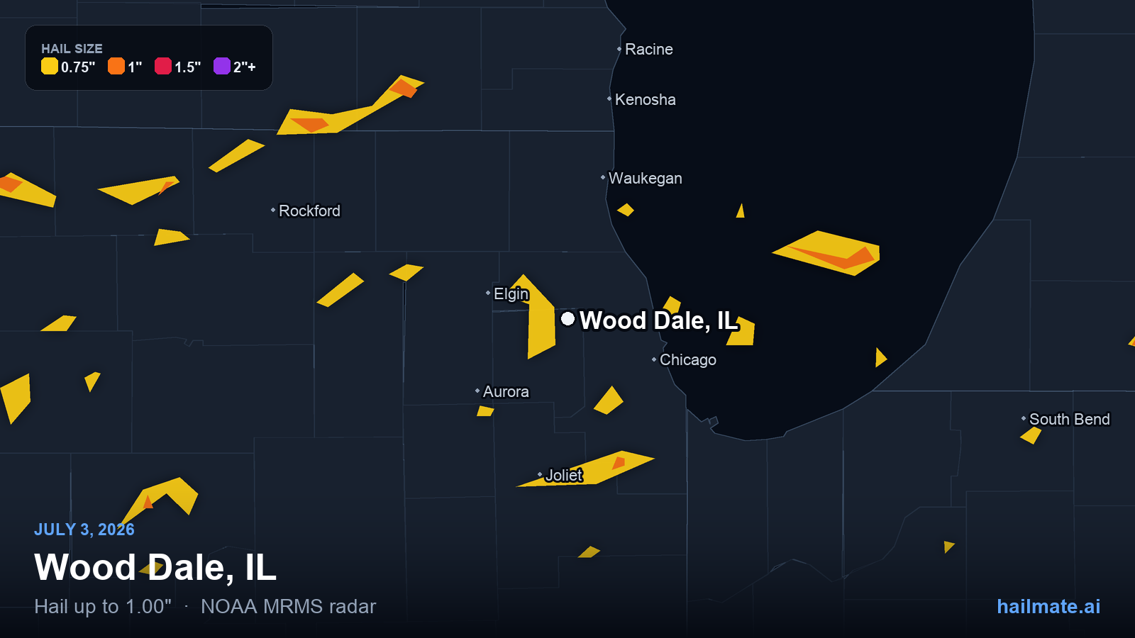 Hail swath map for Wood Dale, IL on July 3, 2026 showing 1.00 inch hail.