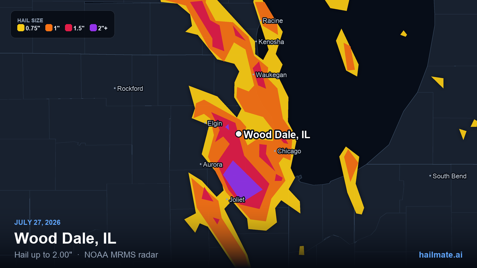 Hail swath map for Wood Dale, IL on July 27, 2026 showing 2.00 inch hail.