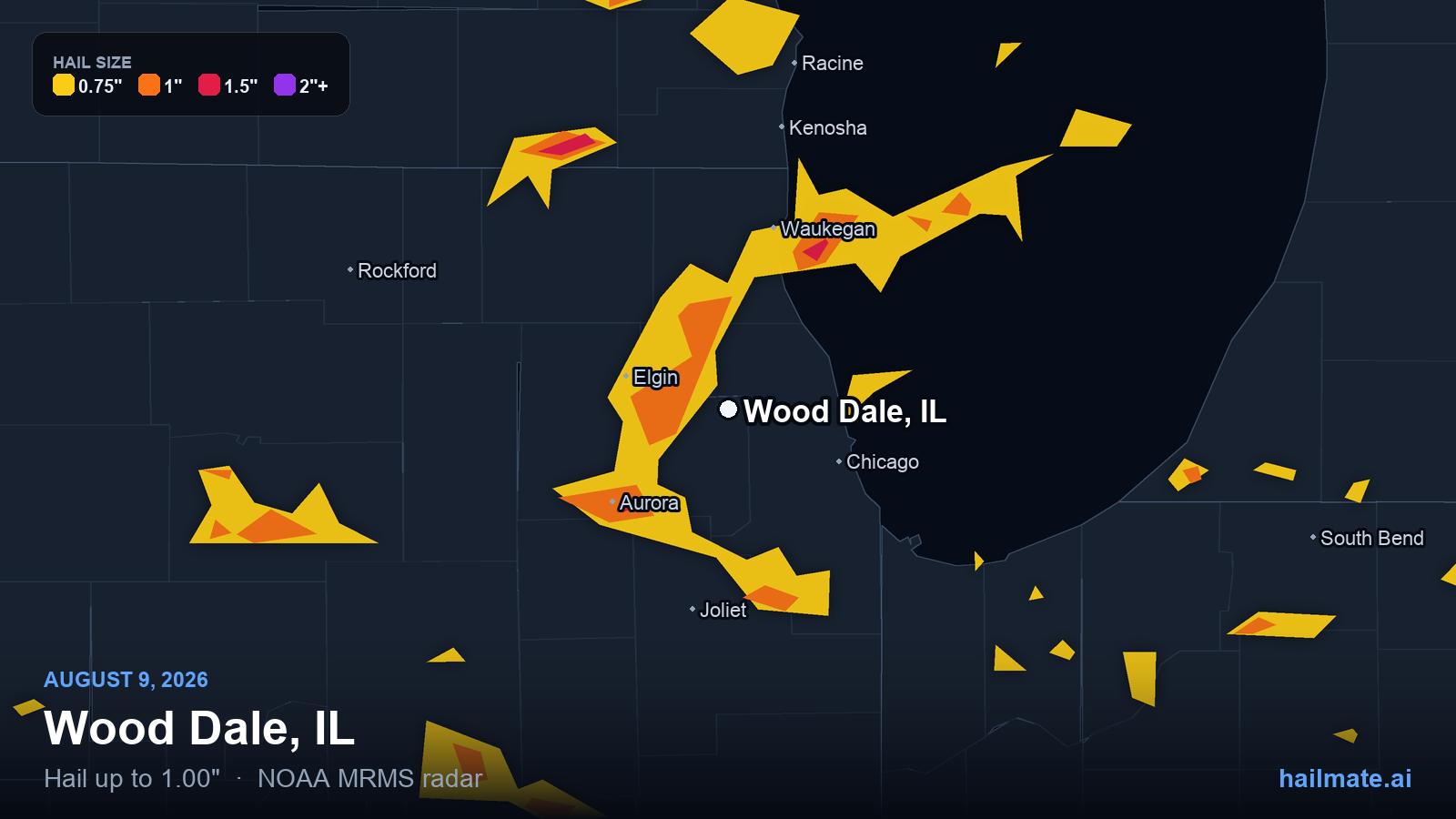 Hail swath map for Wood Dale, IL on August 9, 2026 showing 1.00 inch hail.