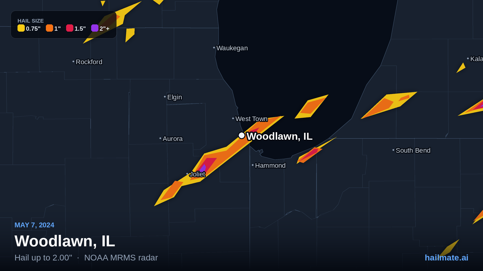 Hail swath map for Woodlawn, IL on May 7, 2024 showing 2.00 inch hail.