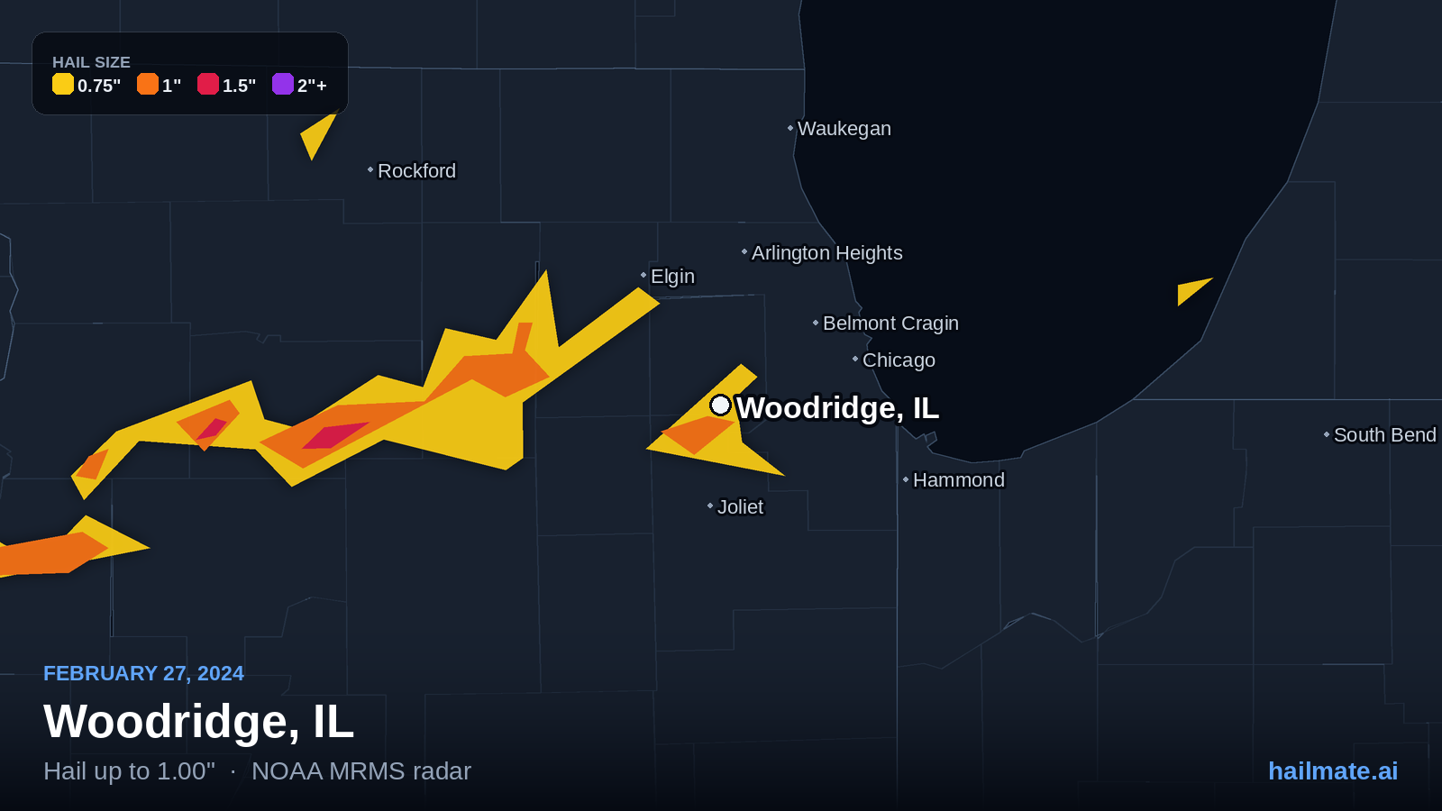 Hail swath map for Woodridge, IL on February 27, 2024 showing 1.00 inch hail.