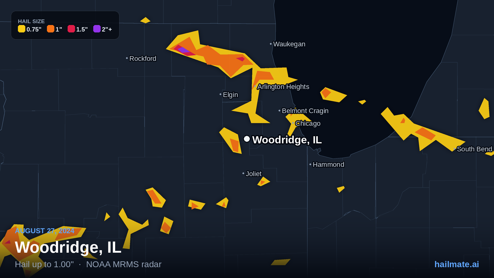 Hail swath map for Woodridge, IL on August 27, 2024 showing 1.00 inch hail.