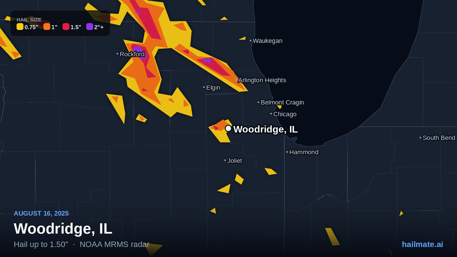 Hail swath map for Woodridge, IL on August 16, 2025 showing 1.50 inch hail.