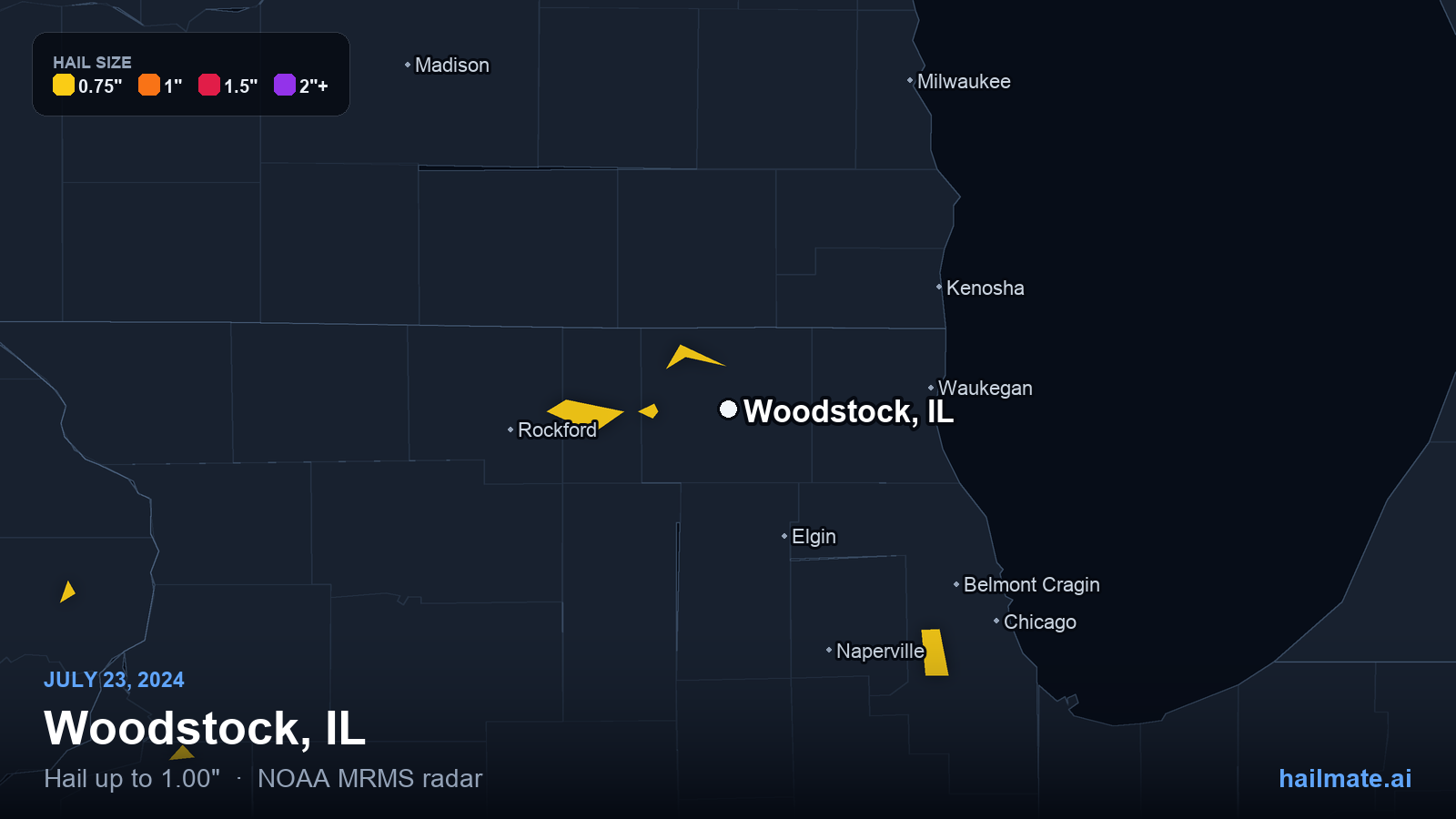 Hail swath map for Woodstock, IL on July 23, 2024 showing 1.00 inch hail.