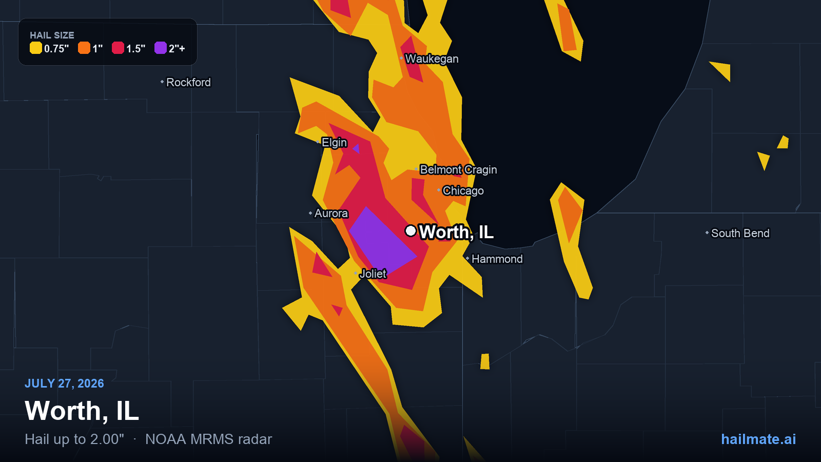 Hail swath map for Worth, IL on July 27, 2026 showing 2.00 inch hail.