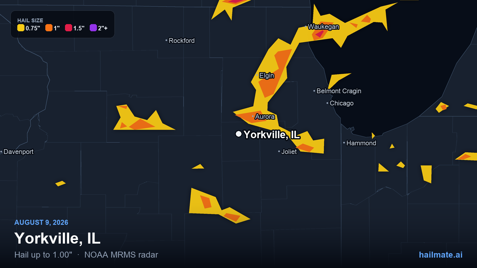 Hail swath map for Yorkville, IL on August 9, 2026 showing 1.00 inch hail.
