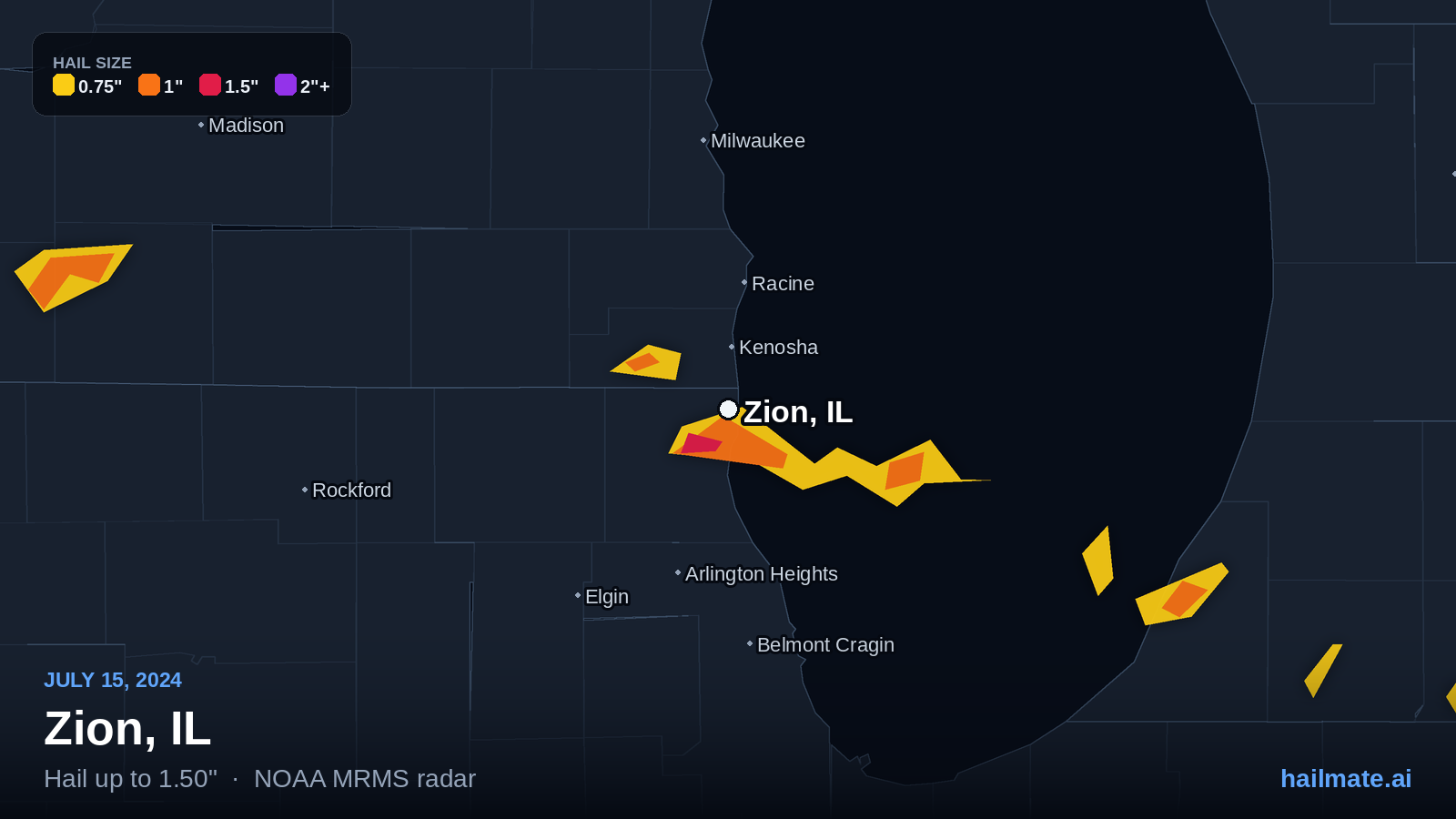 Hail swath map for Zion, IL on July 15, 2024 showing 1.50 inch hail.