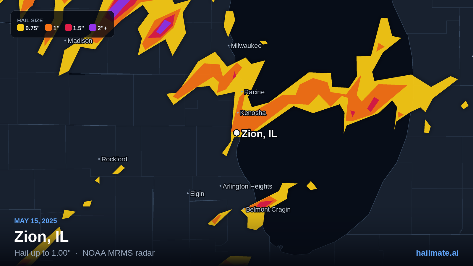 Hail swath map for Zion, IL on May 15, 2025 showing 1.00 inch hail.