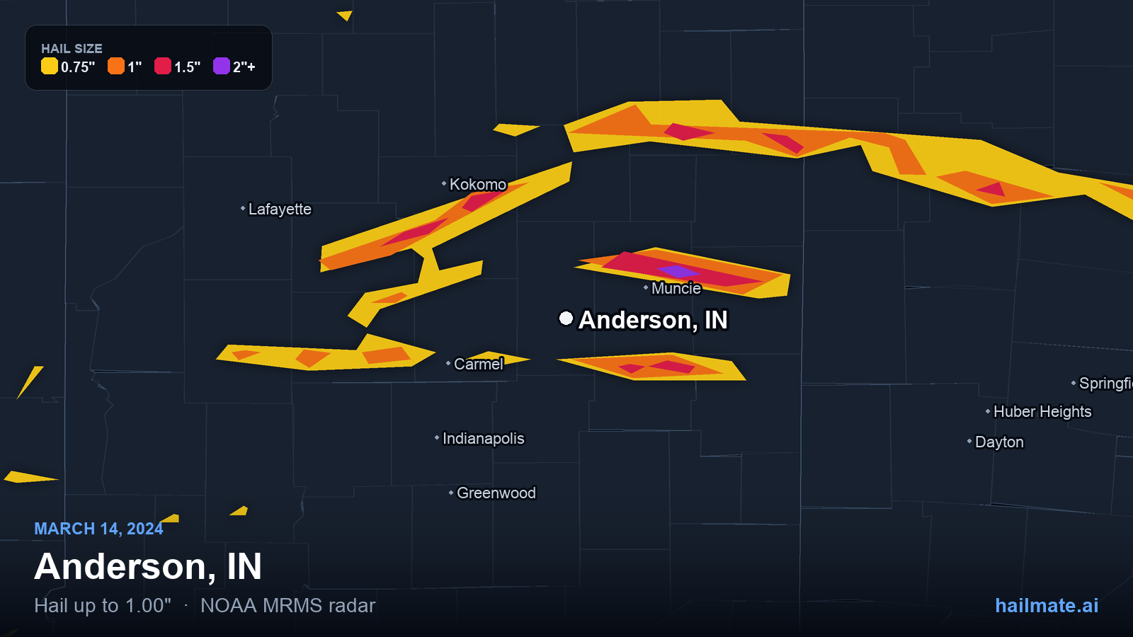 Hail swath map for Anderson, IN on March 14, 2024 showing 1.00 inch hail.