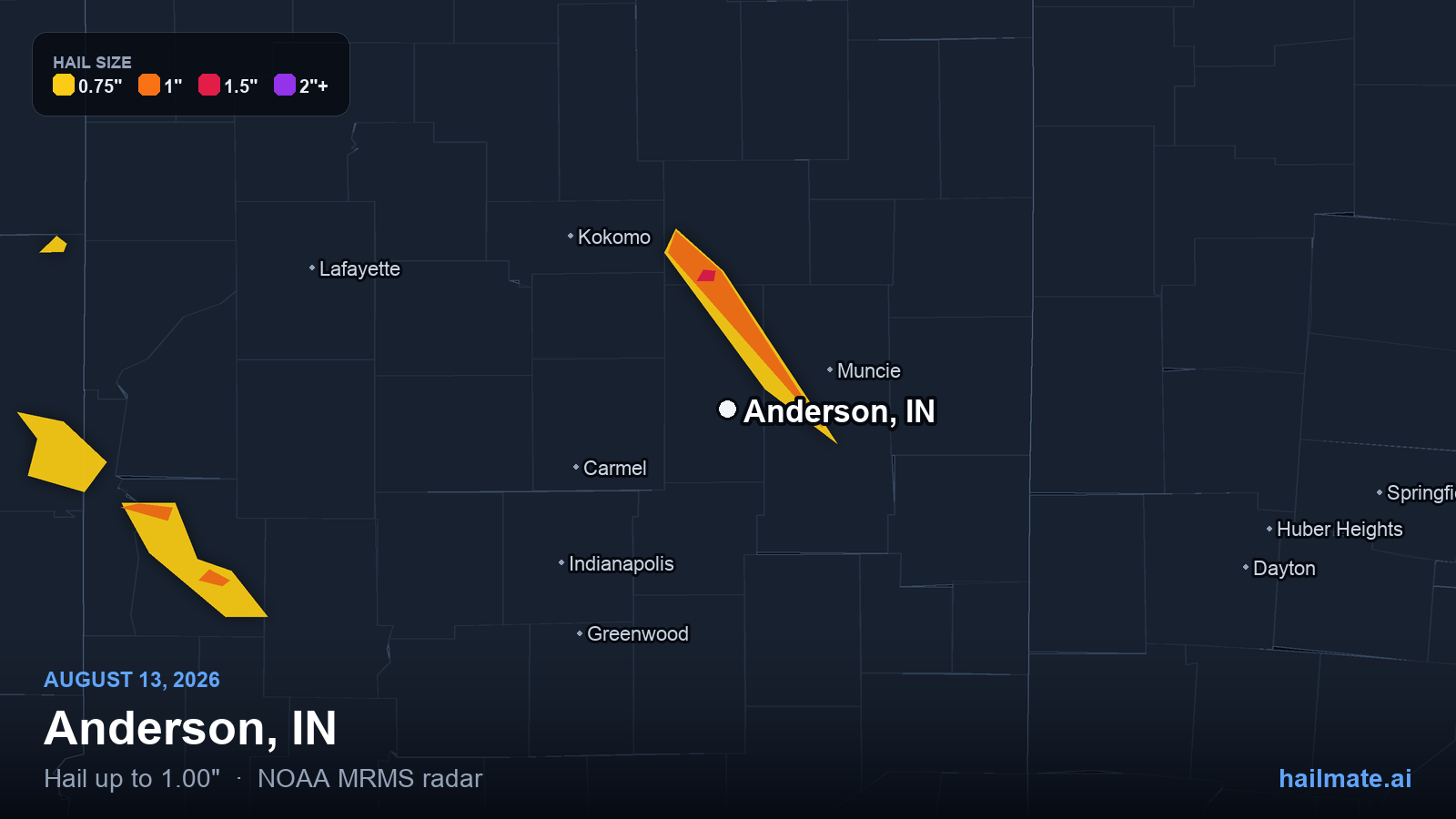 Hail swath map for Anderson, IN on August 13, 2026 showing 1.00 inch hail.