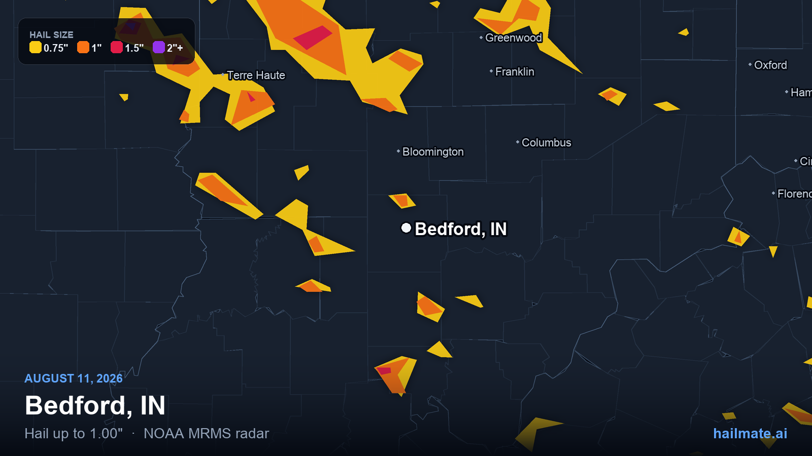 Hail swath map for Bedford, IN on August 11, 2026 showing 1.00 inch hail.