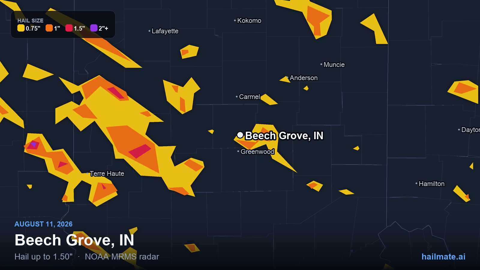 Hail swath map for Beech Grove, IN on August 11, 2026 showing 1.50 inch hail.