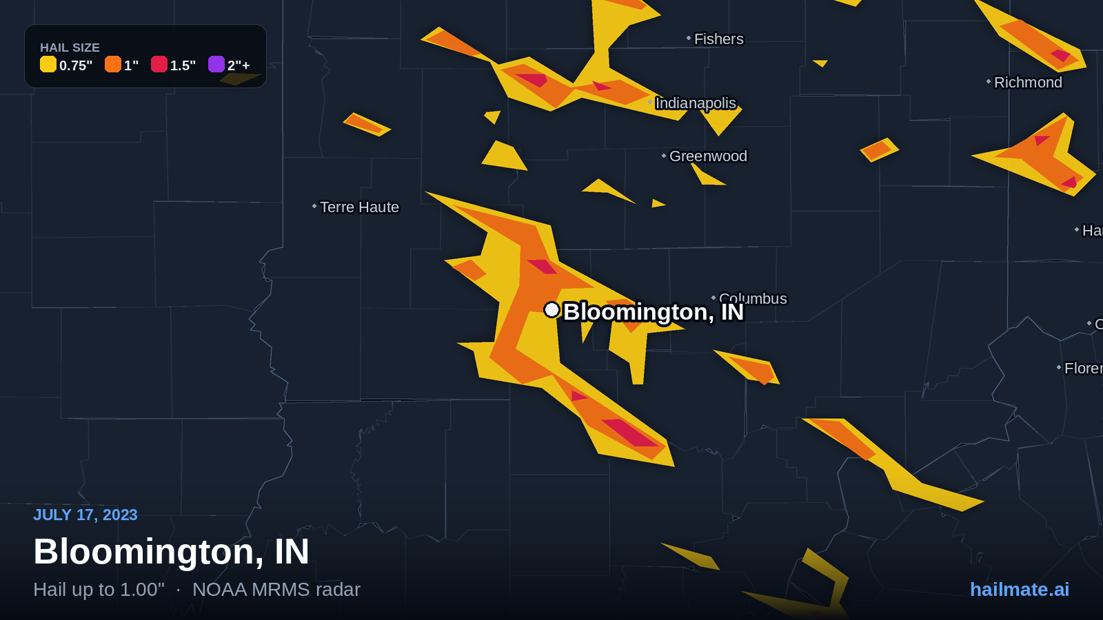 Hail swath map for Bloomington, IN on July 17, 2023 showing 1.00 inch hail.