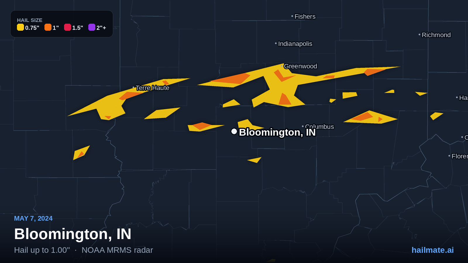 Hail swath map for Bloomington, IN on May 7, 2024 showing 1.00 inch hail.