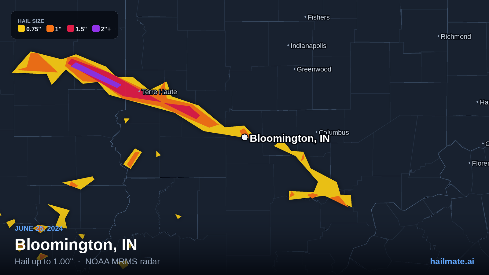 Hail swath map for Bloomington, IN on June 25, 2024 showing 1.00 inch hail.