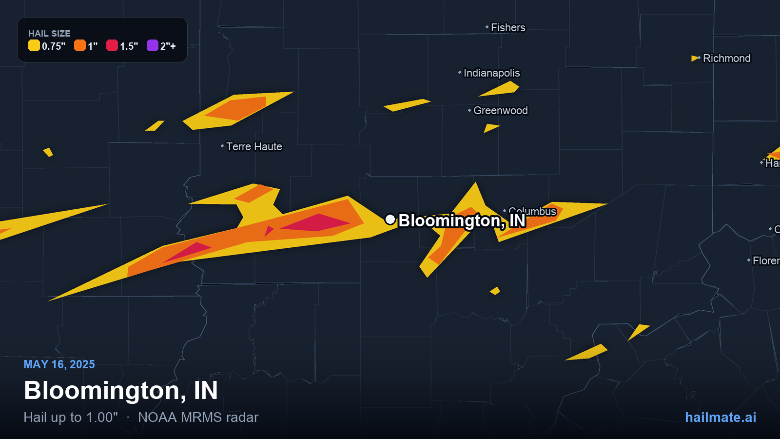 Hail swath map for Bloomington, IN on May 16, 2025 showing 1.00 inch hail.