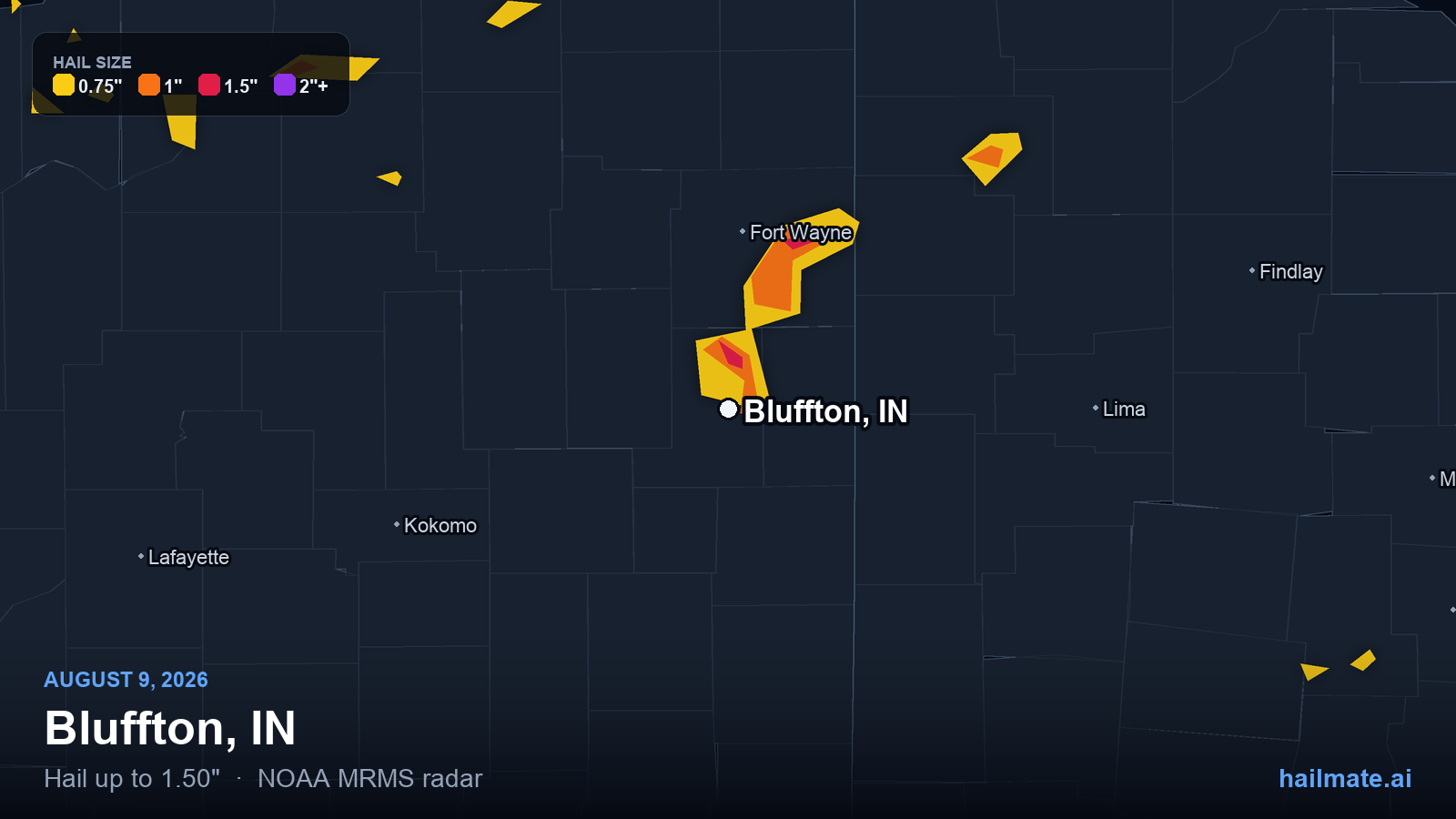 Hail swath map for Bluffton, IN on August 9, 2026 showing 1.50 inch hail.