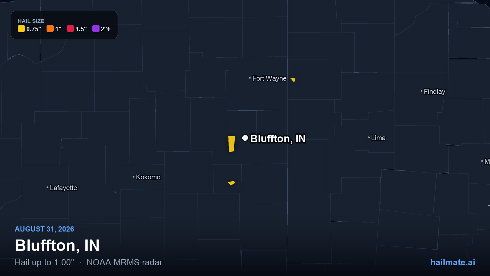 Hail swath map for Bluffton, IN on August 31, 2026 showing 1.00 inch hail.