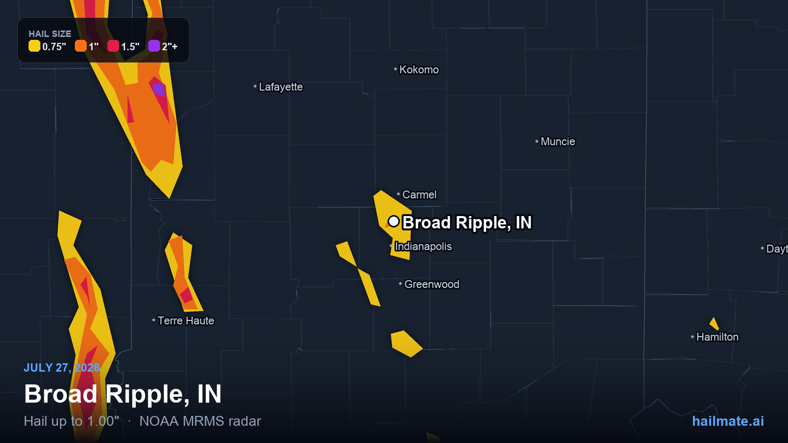 Hail swath map for Broad Ripple, IN on July 27, 2026 showing 1.00 inch hail.