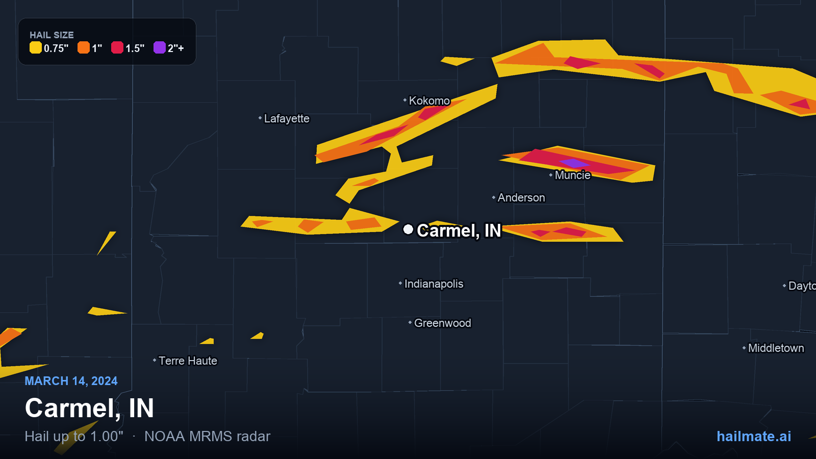 Hail swath map for Carmel, IN on March 14, 2024 showing 1.00 inch hail.