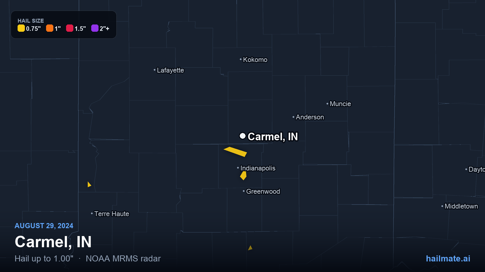 Hail swath map for Carmel, IN on August 29, 2024 showing 1.00 inch hail.