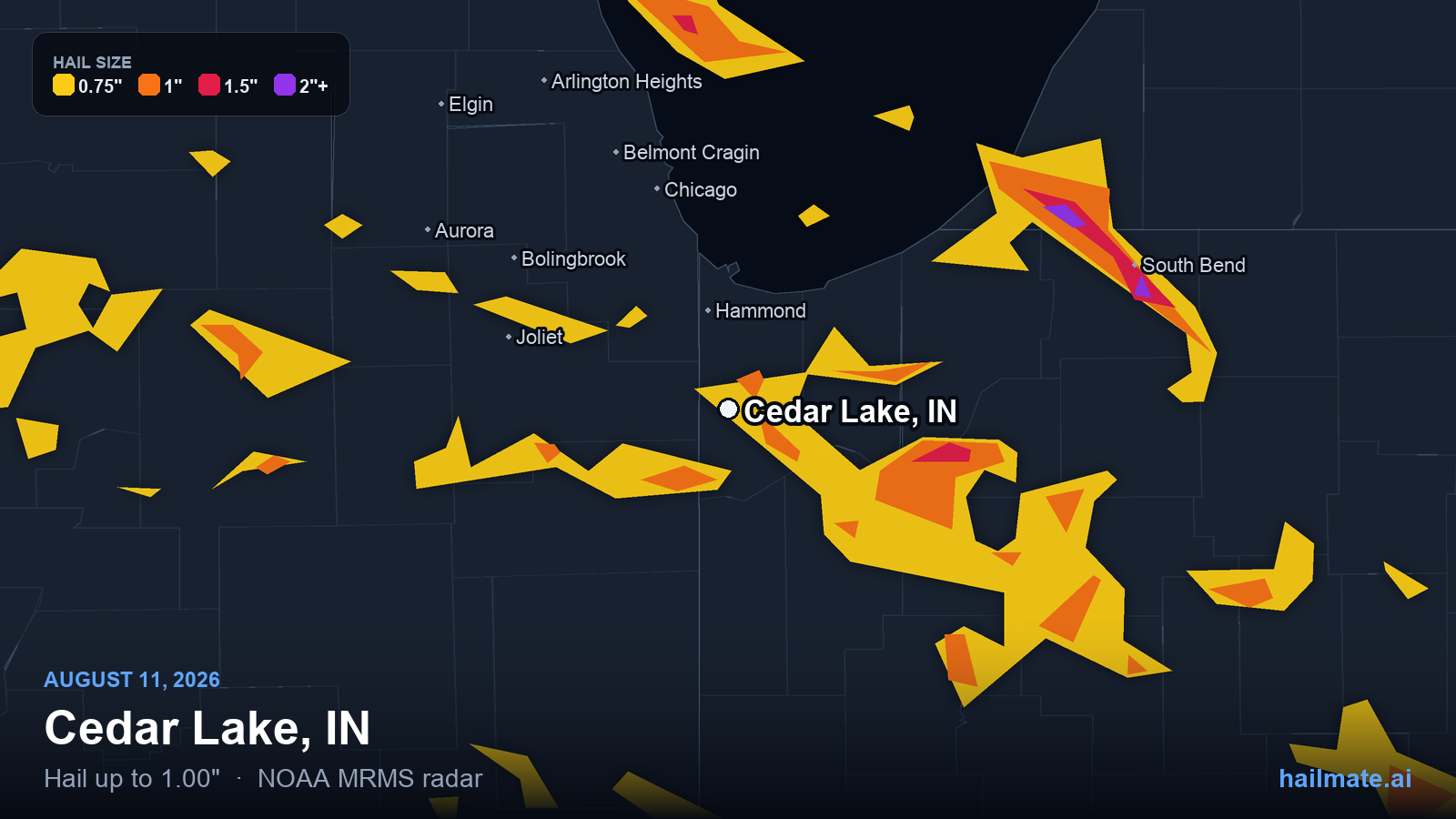 Hail swath map for Cedar Lake, IN on August 11, 2026 showing 1.00 inch hail.