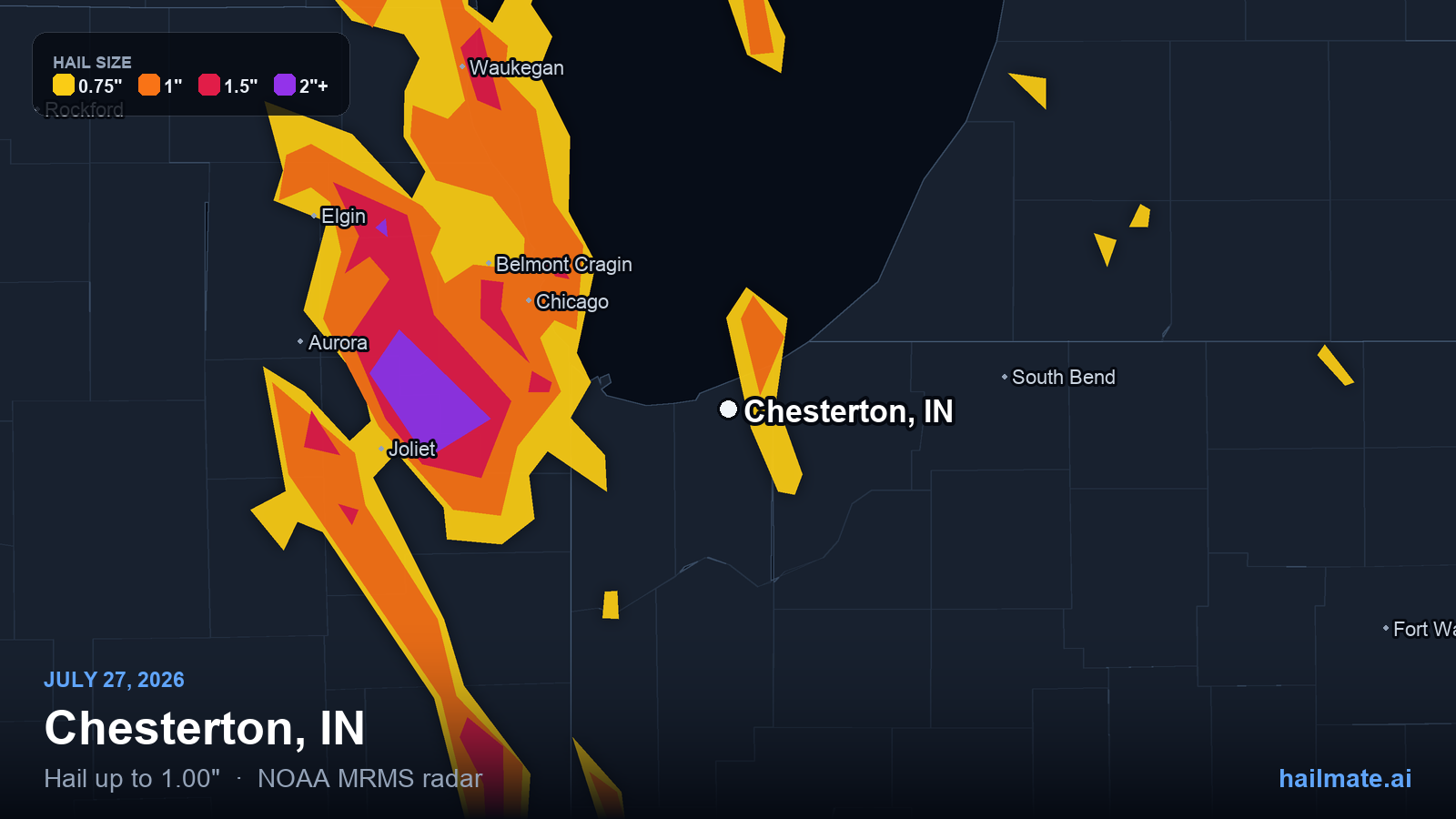 Hail swath map for Chesterton, IN on July 27, 2026 showing 1.00 inch hail.